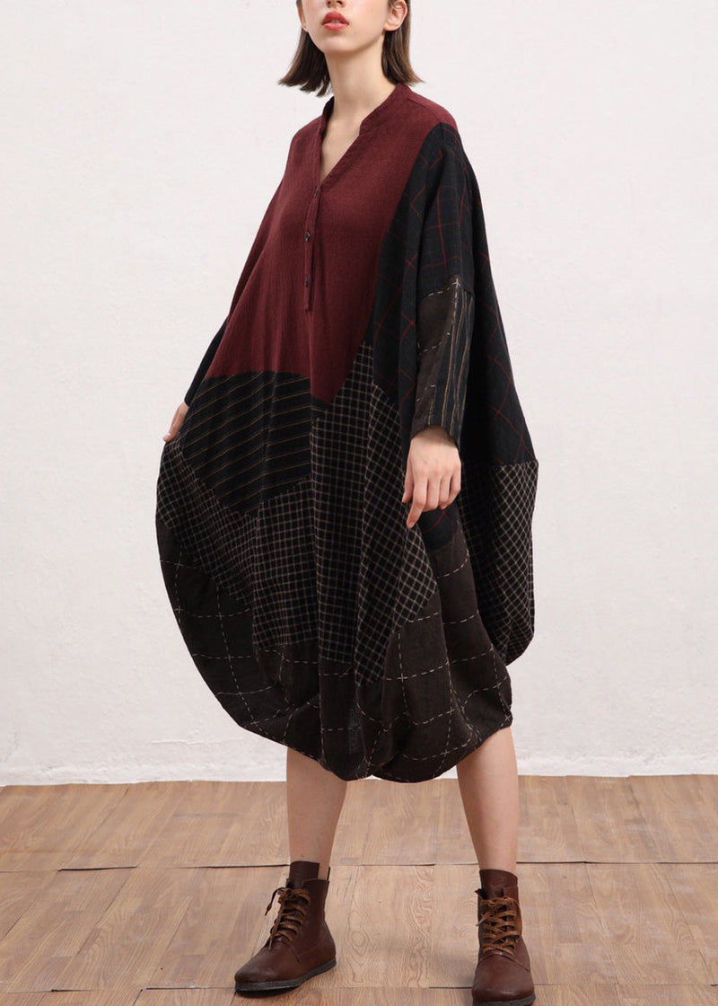 Red V Neck Plaid Patchwork Linen Dress Batwing Sleeve