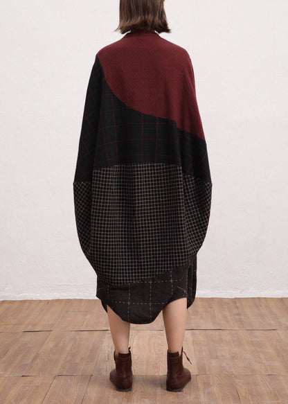 Red V Neck Plaid Patchwork Linen Dress Batwing Sleeve