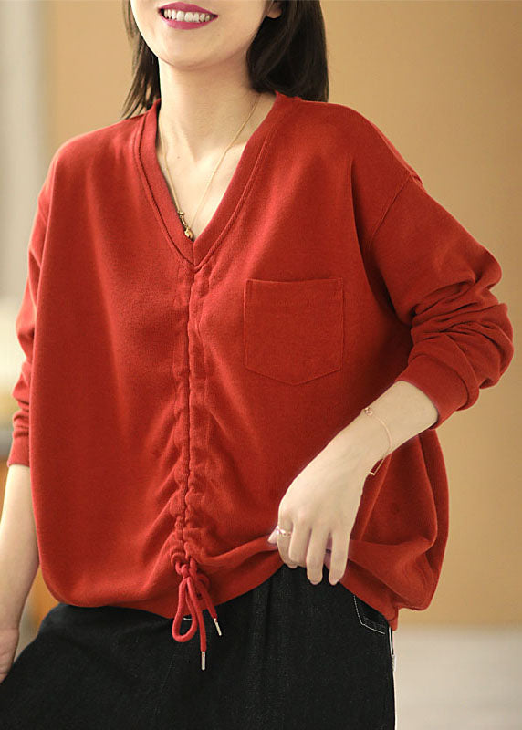 Red V Neck Pockets Drawstring Fall Loose Sweatshirts Top