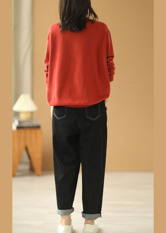 Red V Neck Pockets Drawstring Fall Loose Sweatshirts Top