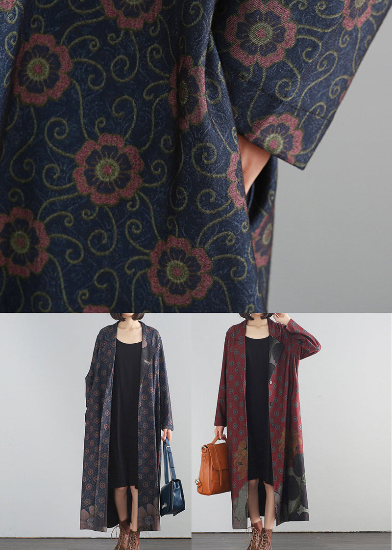 Red V Neck Print Button Maxi Trench Coats Fall