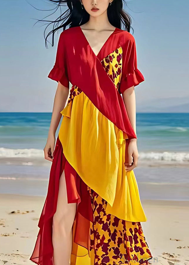 Red V Neck Print Side Open Cotton Dress Summer