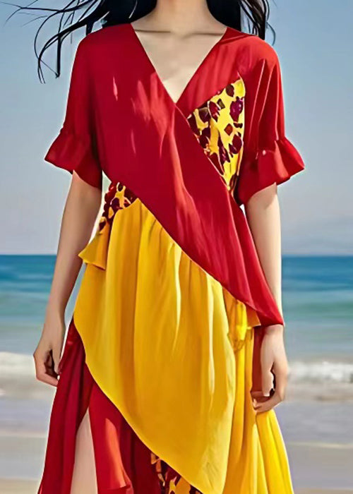 Red V Neck Print Side Open Cotton Dress Summer