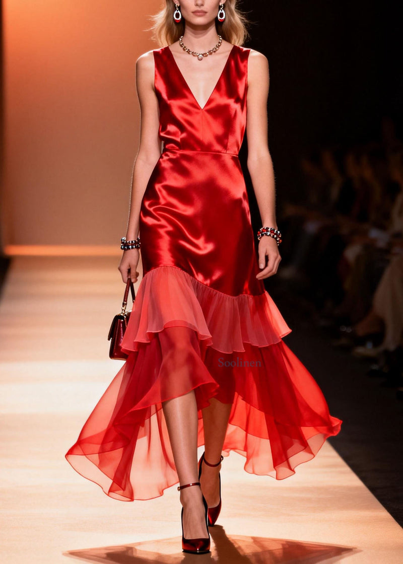 Red V Neck Ruffled Patchwork Silk Dresses Summer