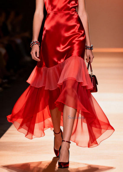 Red V Neck Ruffled Patchwork Silk Dresses Summer
