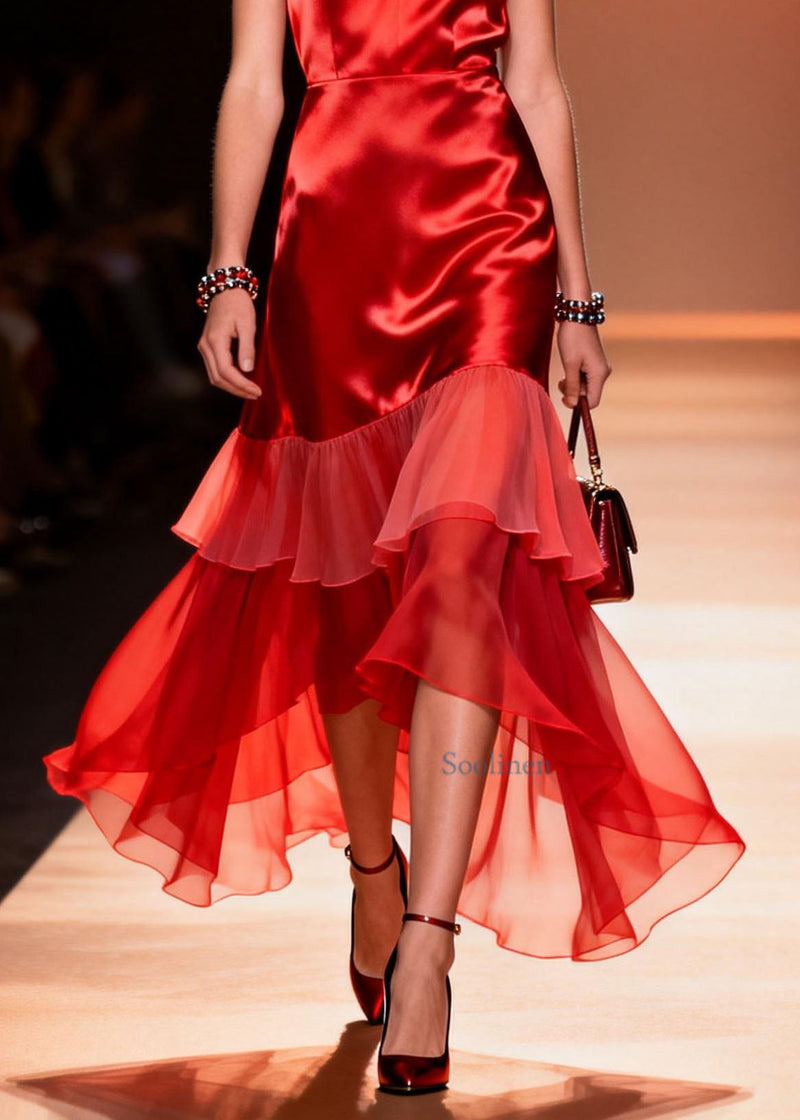 Red V Neck Ruffled Patchwork Silk Dresses Summer