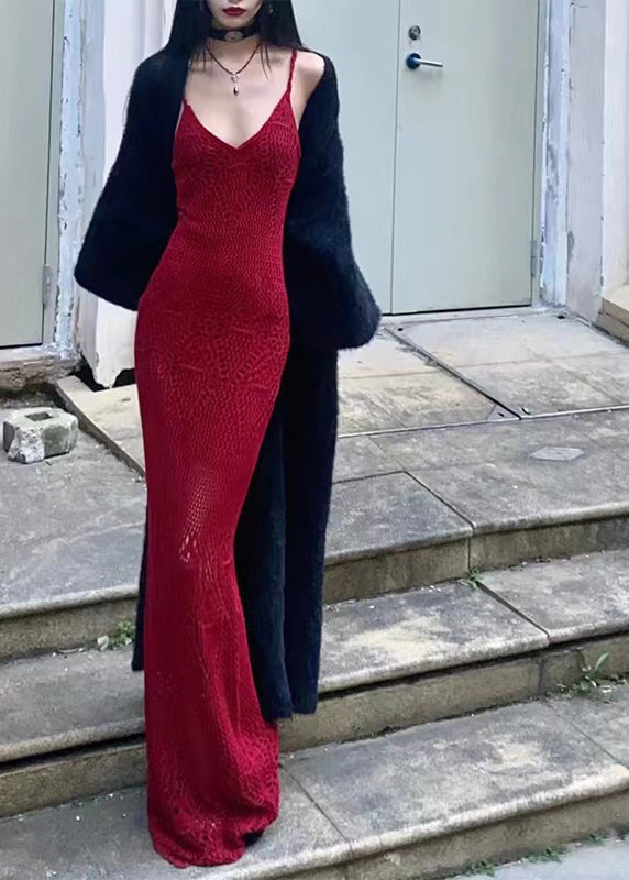 Red V Neck Knit Maxi Dress Summer
