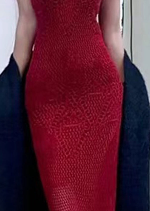 Red V Neck Knit Maxi Dress Summer