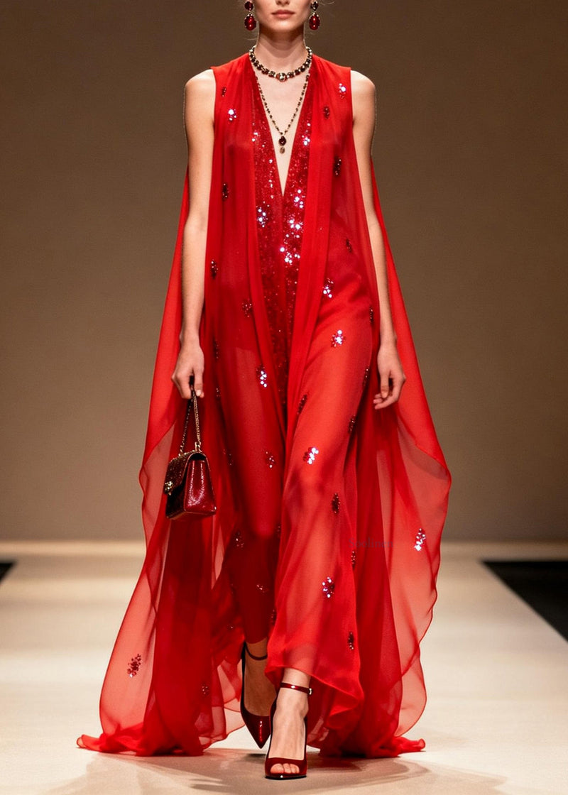 Red V Neck Zircon Patchwork Chiffon Dress Summer