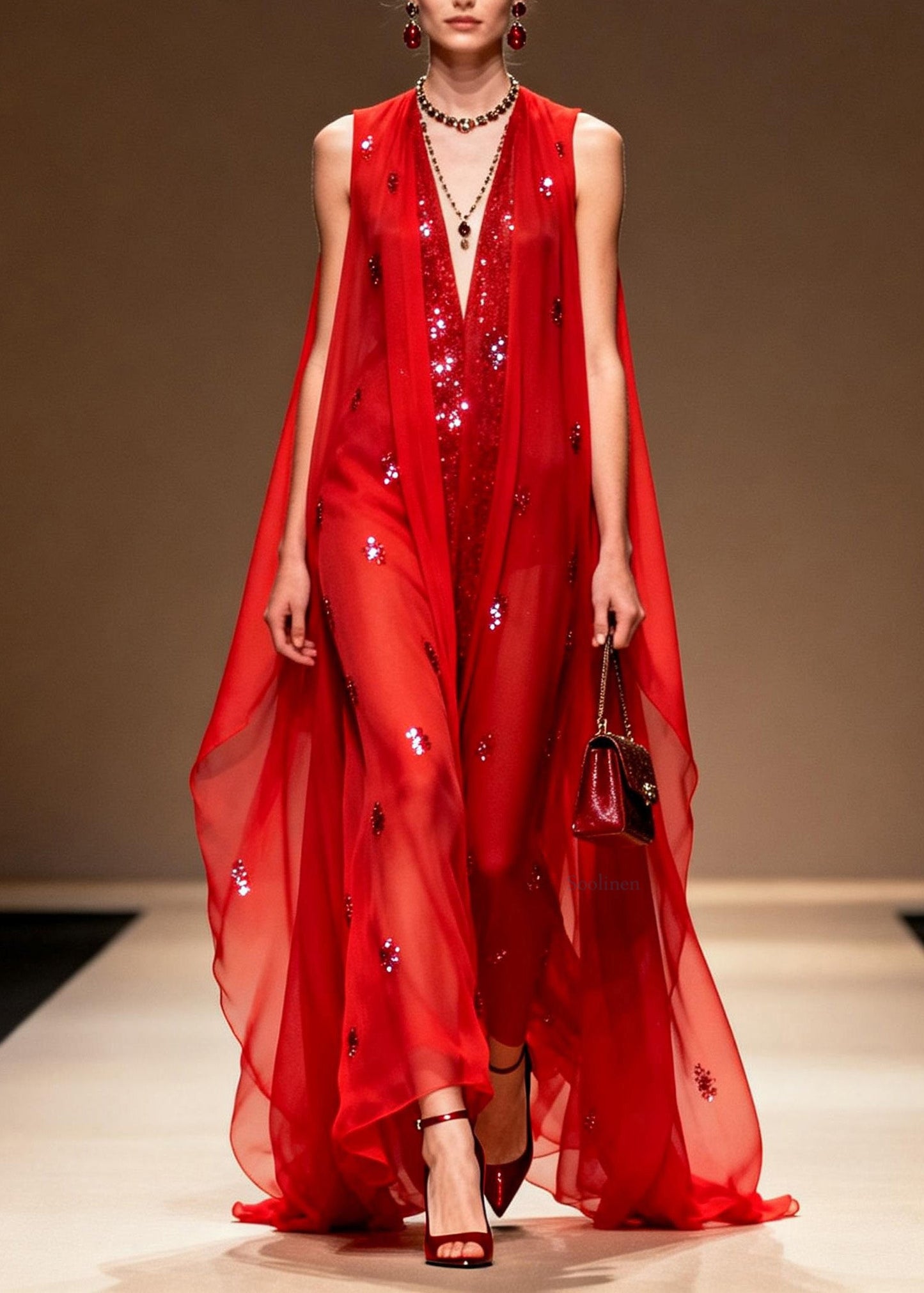 Red V Neck Zircon Patchwork Chiffon Dress Summer