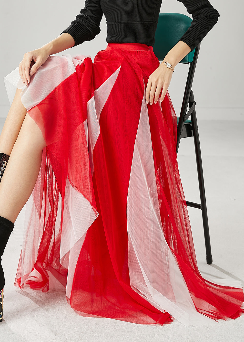 Red Wrinkled Patchwork Tulle Skirts Spring