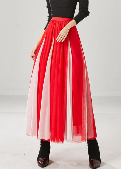 Red Wrinkled Patchwork Tulle Skirts Spring