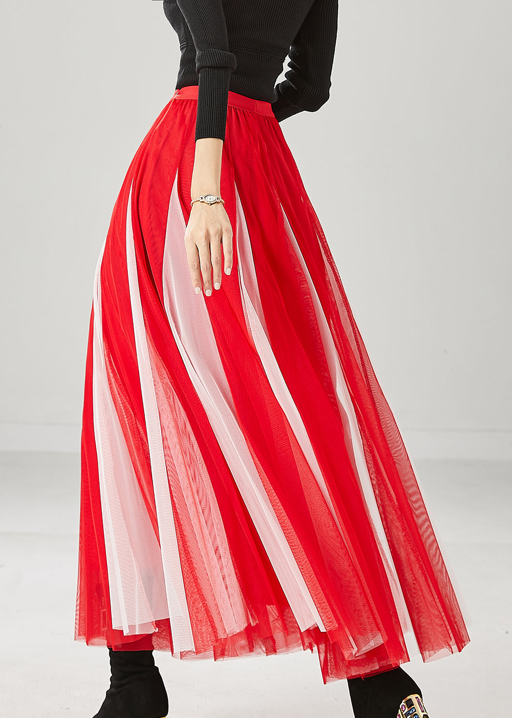 Red Wrinkled Patchwork Tulle Skirts Spring