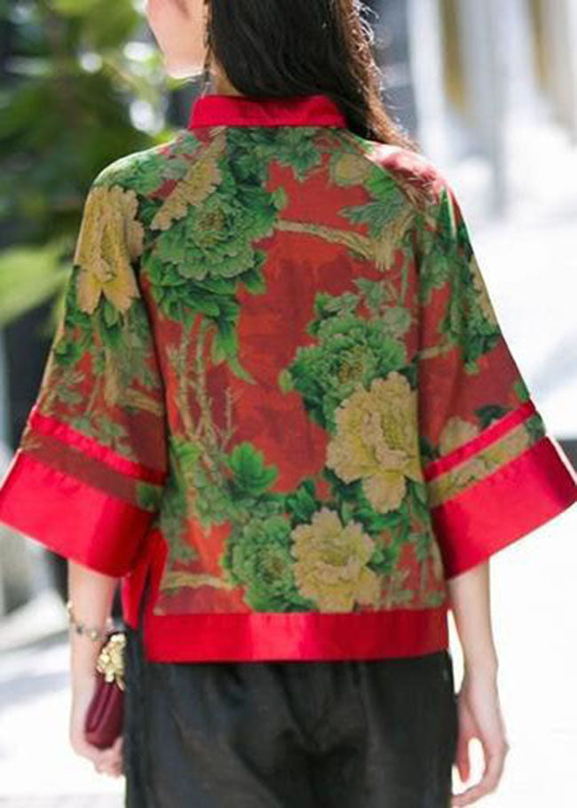 Red Button Stand Collar Print Silk Tops Half Sleeve