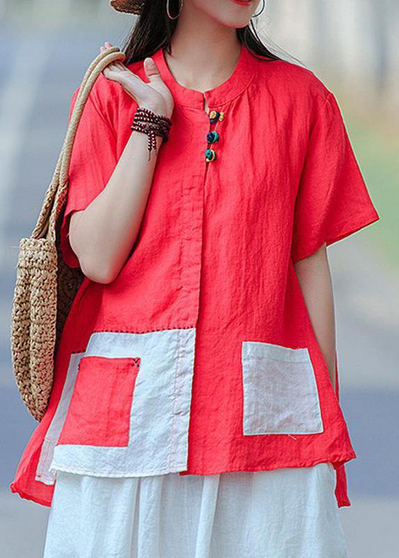 Red for Omychic Cotton Literary Summer Cardigan Short Sleeve Shirt