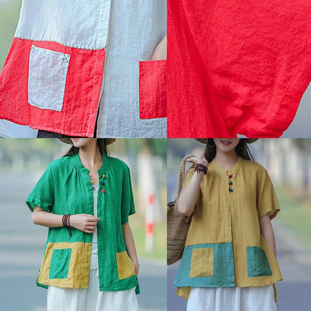 Red for Omychic Cotton Literary Summer Cardigan Short Sleeve Shirt