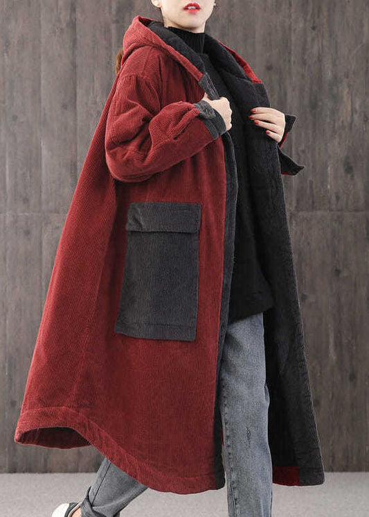 Red Hooded Pockets Button Winter Coat Long Sleeve