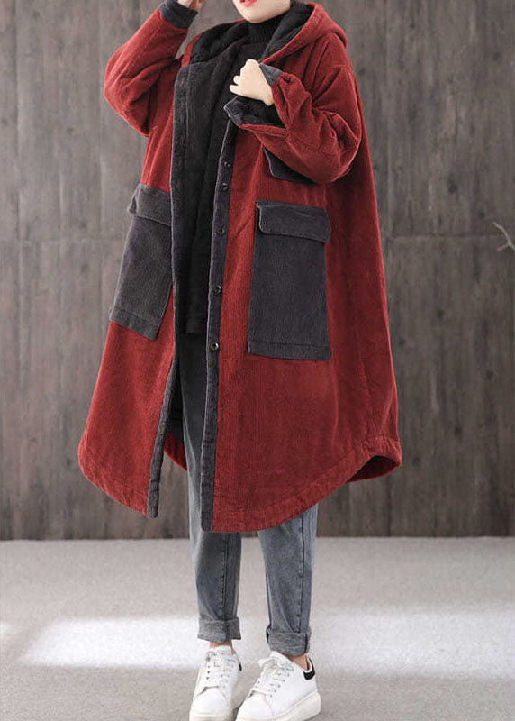 Red Hooded Pockets Button Winter Coat Long Sleeve