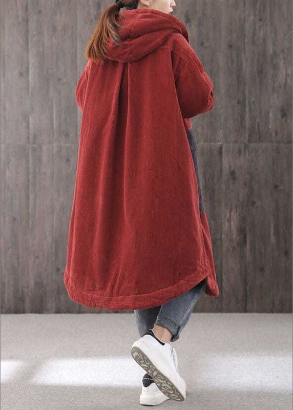 Red Hooded Pockets Button Winter Coat Long Sleeve