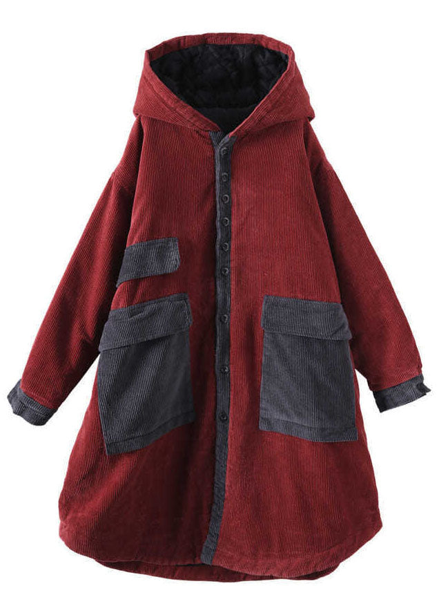 Red Hooded Pockets Button Winter Coat Long Sleeve