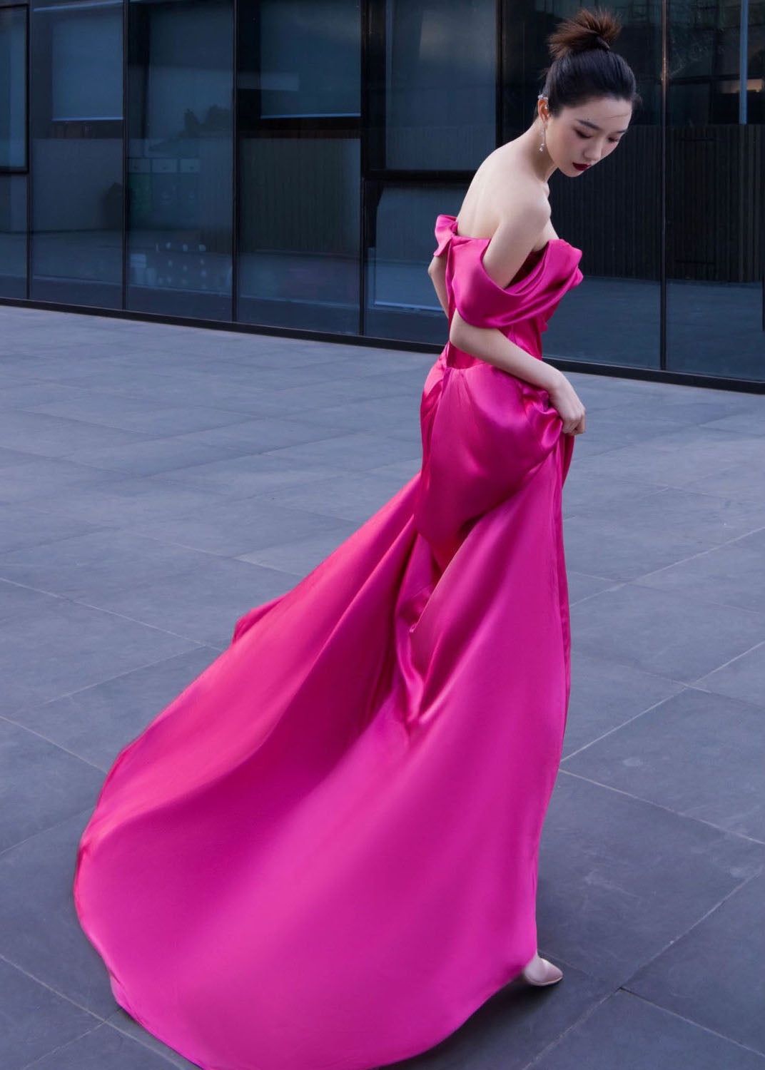 Rose Bustier Top Side Open Silk Maxi Dresses Short Sleeve