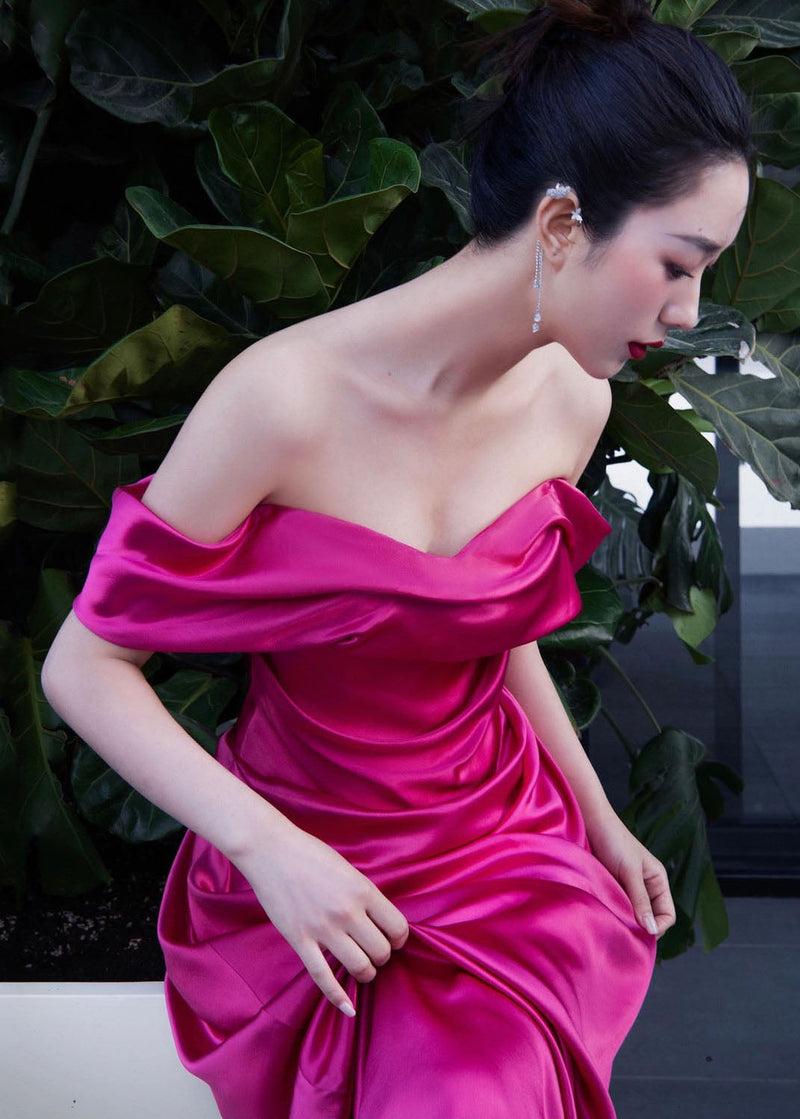 Rose Bustier Top Side Open Silk Maxi Dresses Short Sleeve