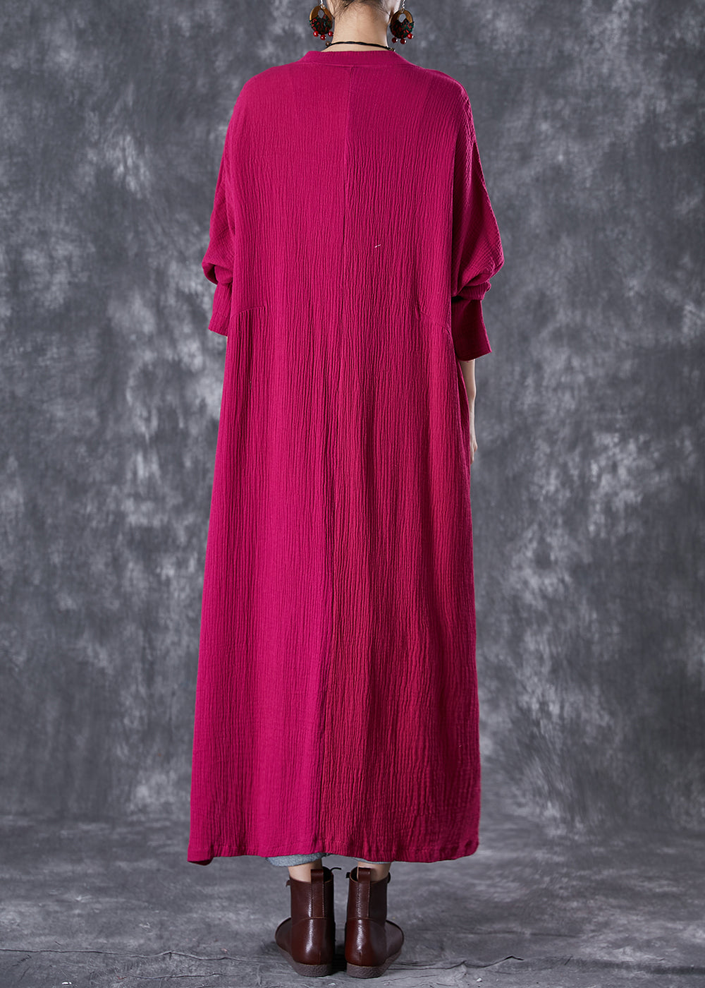 Rose Chinese Button Wrinkled Linen Long Cardigan Fall