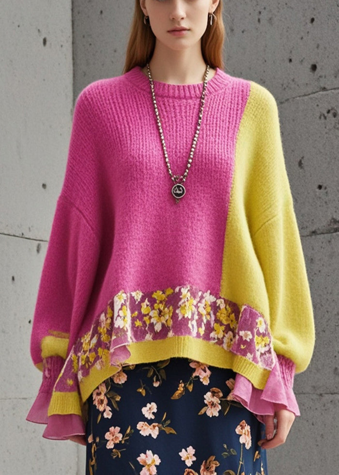 Rose Oversized Patchwork Cozy Knit Sweater Fall
