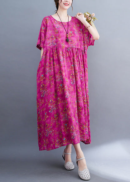 Rose Print Patchwork Cotton Cozy Long Dress Short Sleeve