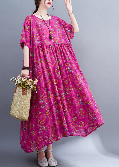 Rose Print Patchwork Cotton Cozy Long Dress Short Sleeve