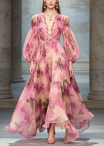 Rose Ruffled Print Exra Large Hem Chiffon Party Dresses Fall