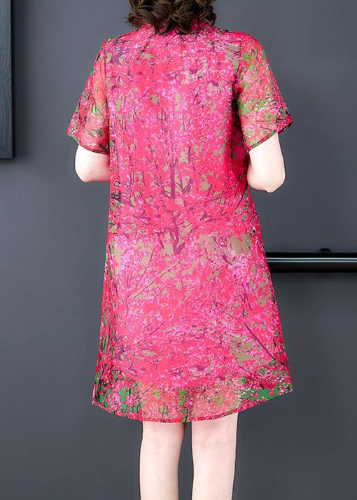 Rose Stand Collar Print Silk Mid Dress Summer