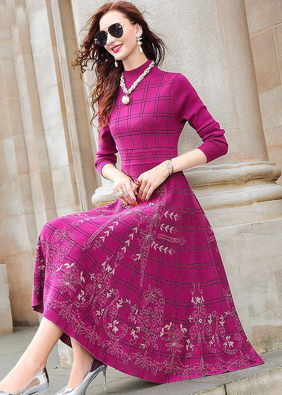 Rose Turtle Neck Plaid Knit Sweater Dress Winter