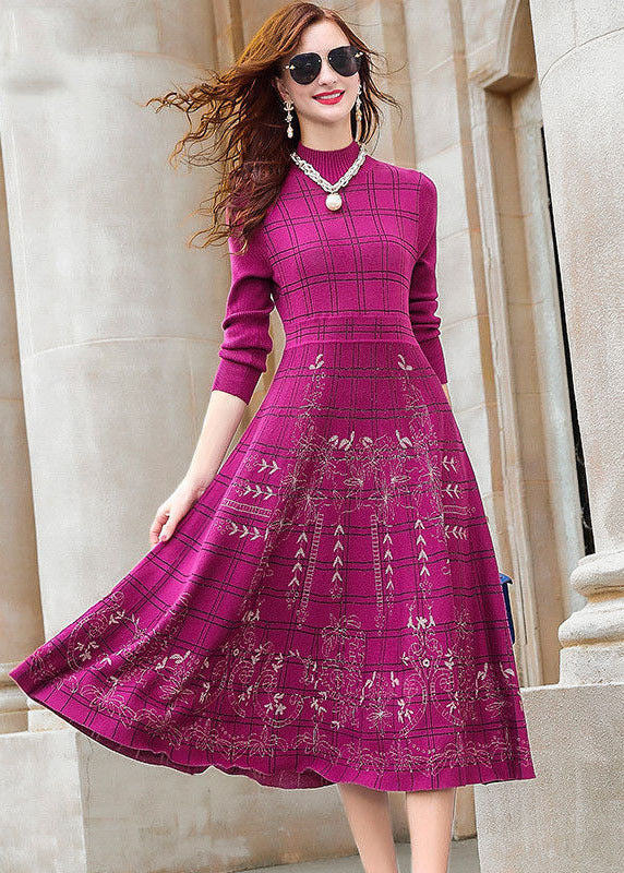 Rose Turtle Neck Plaid Knit Sweater Dress Winter
