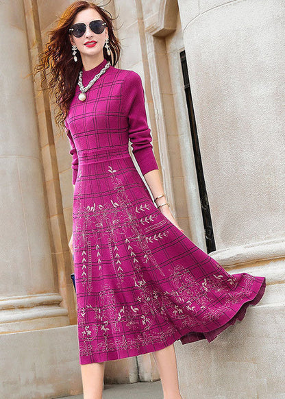 Rose Turtle Neck Plaid Knit Sweater Dress Winter