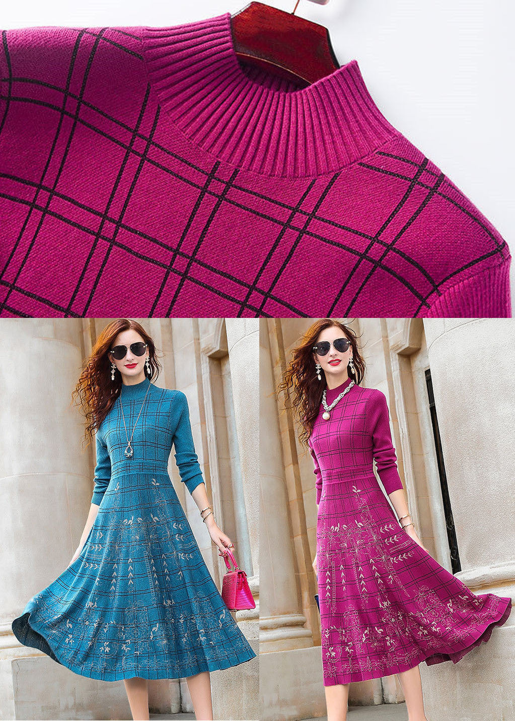 Rose Turtle Neck Plaid Knit Sweater Dress Winter
