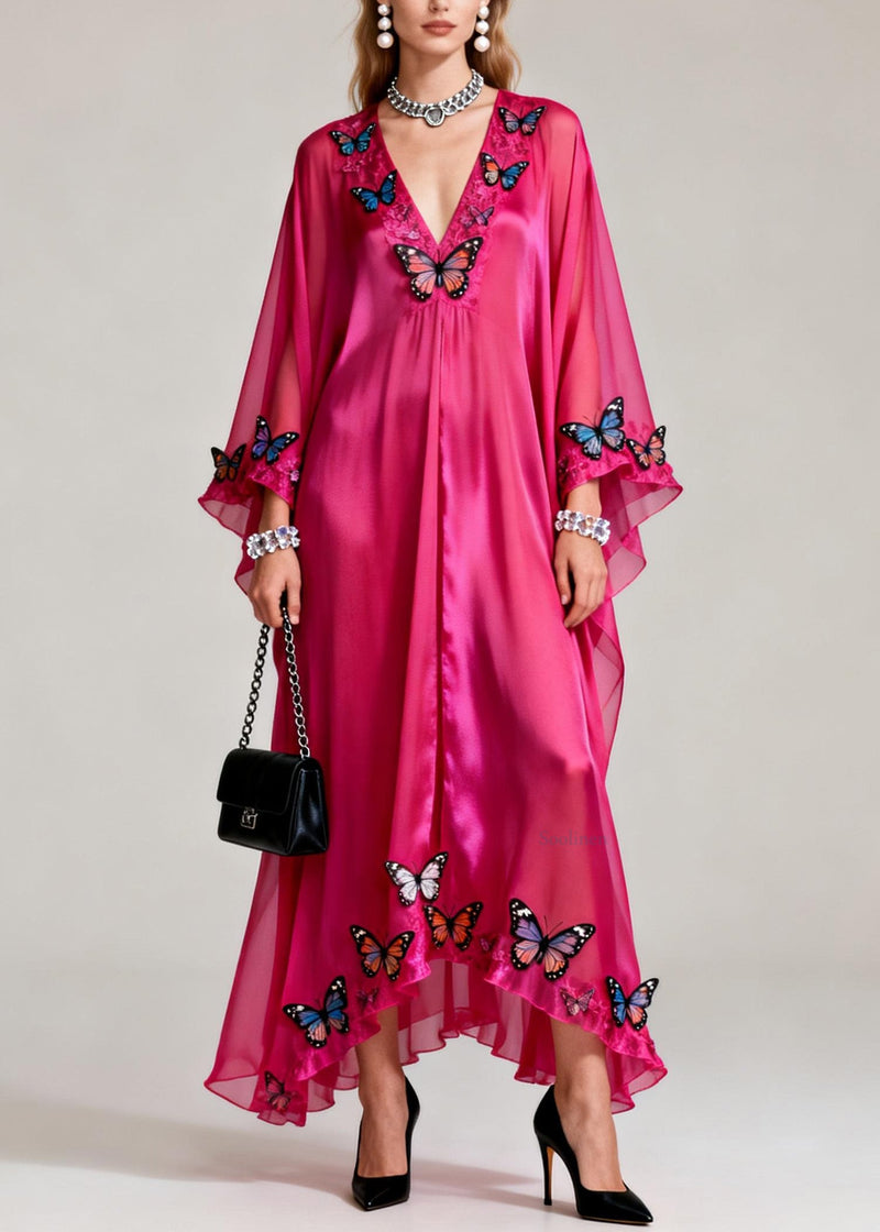 Rose V Neck Butterfly Silk Maxi Dresses Spring