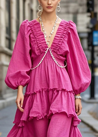 Rose V Neck Ruffled Cotton Ankle Dress Spring