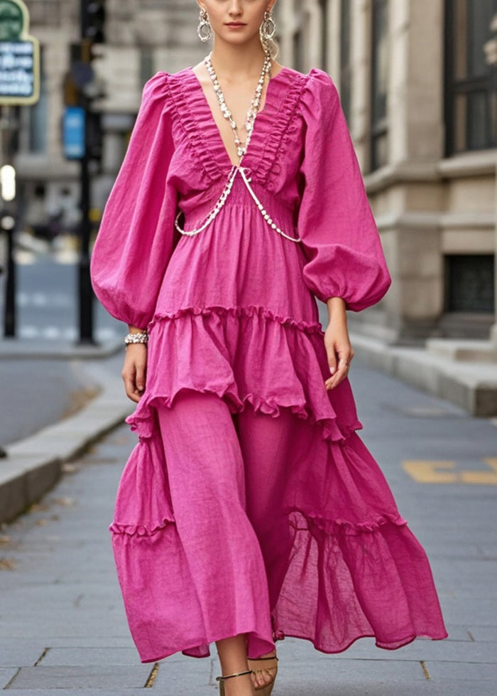 Rose V Neck Ruffled Cotton Ankle Dress Spring