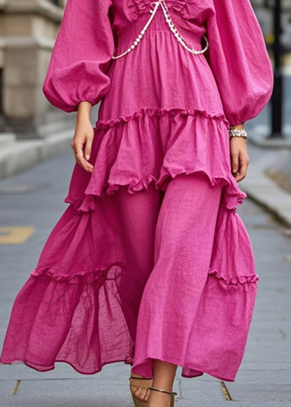 Rose V Neck Ruffled Cotton Ankle Dress Spring