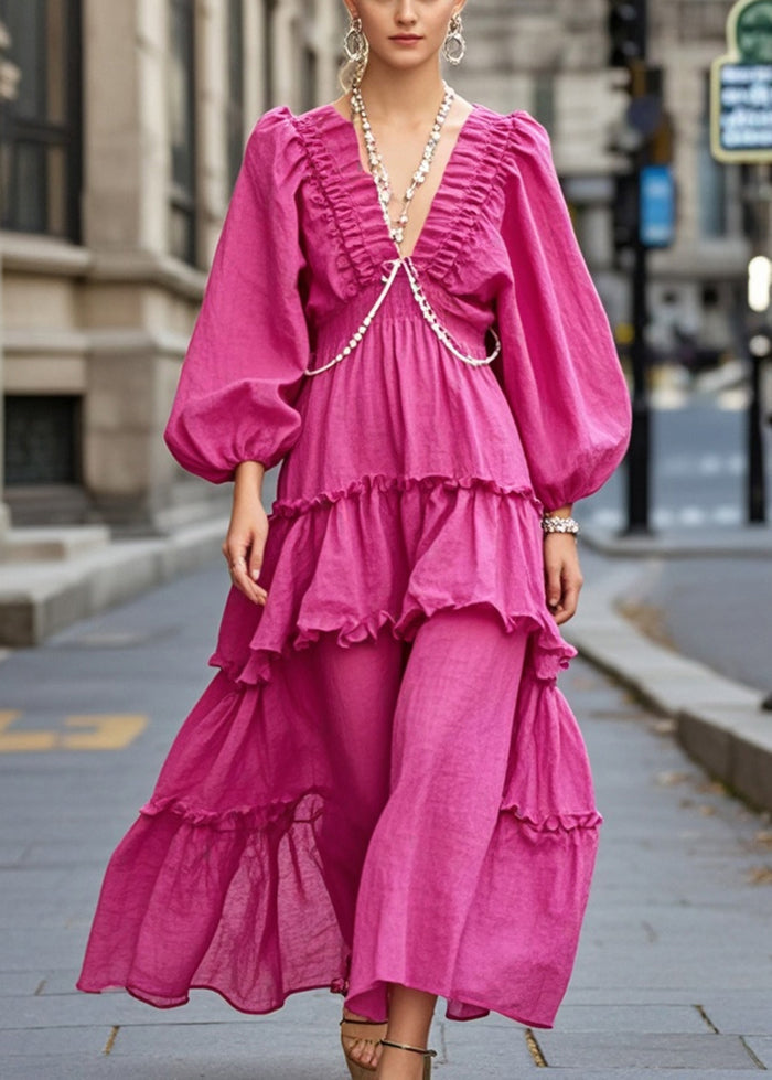 Rose V Neck Ruffled Cotton Ankle Dress Spring