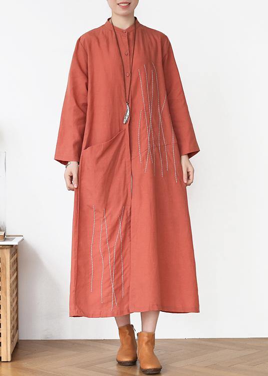 Rubber Red Pockets Linen Long Clothes Spring Trench