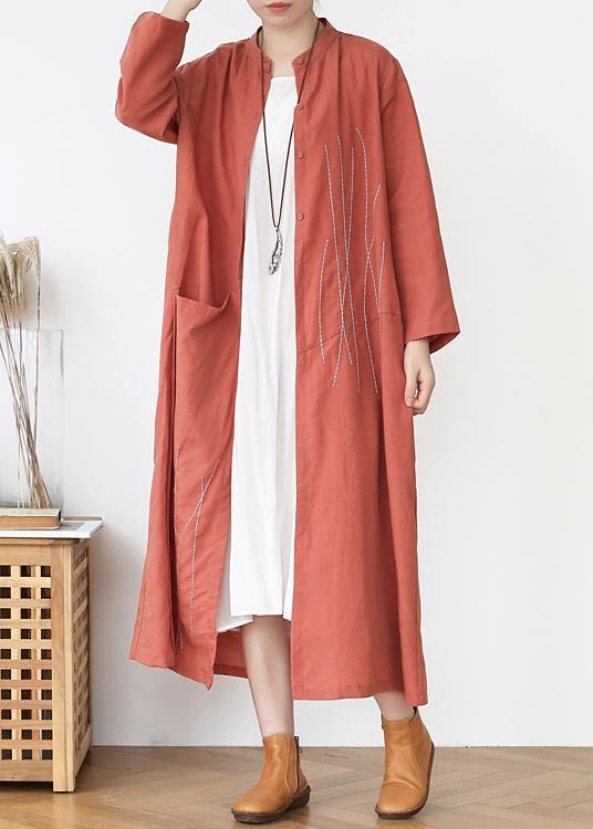 Rubber Red Pockets Linen Long Clothes Spring Trench