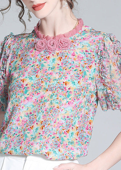 Ruffled Print Button Silk Top Short Sleeve