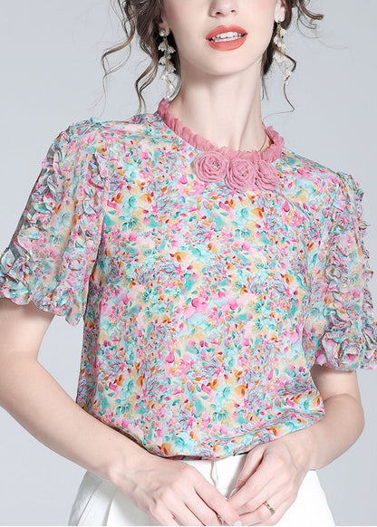 Ruffled Print Button Silk Top Short Sleeve