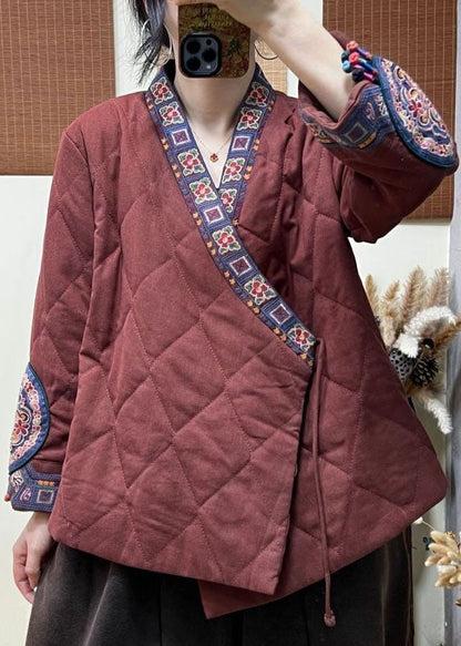 Rust Embroideried Patchwork Lace Up Fine Cotton Filled Coats Winter