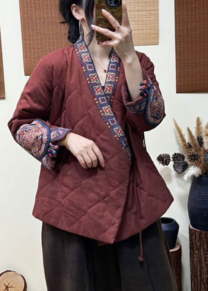 Rust Embroideried Patchwork Lace Up Fine Cotton Filled Coats Winter
