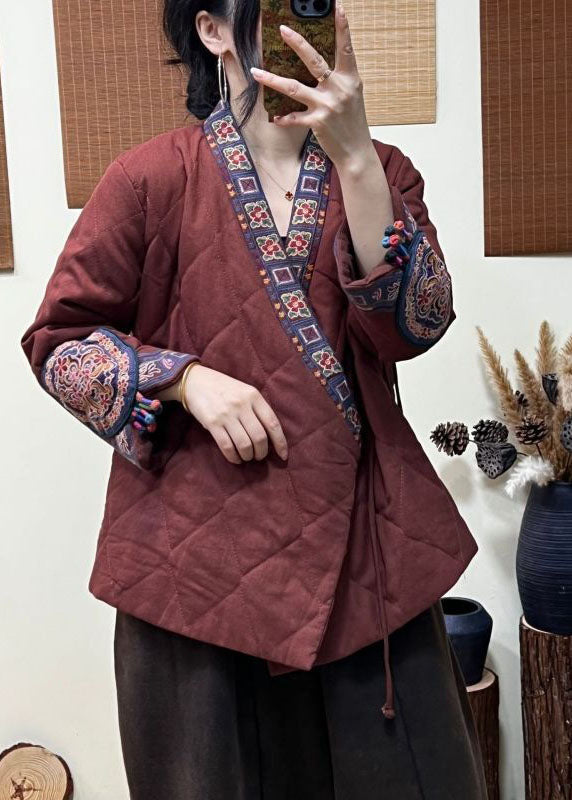 Rust Embroideried Patchwork Lace Up Fine Cotton Filled Coats Winter