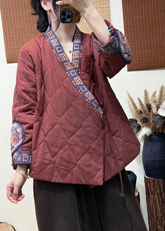 Rust Embroideried Patchwork Lace Up Fine Cotton Filled Coats Winter