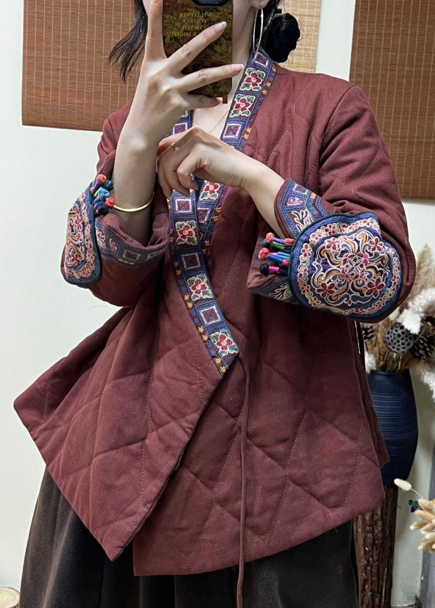 Rust Embroideried Patchwork Lace Up Fine Cotton Filled Coats Winter